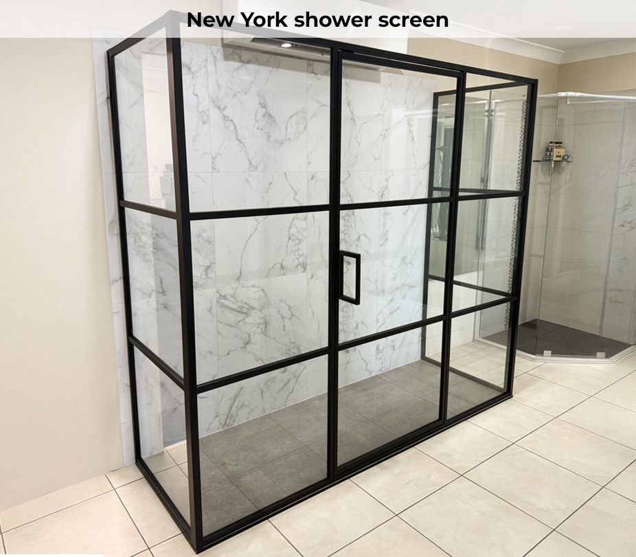 New York-Style Shower Screens in Canberra Modern Canberra bathroom featuring a New York-style architectural shower screen with a slim black frame